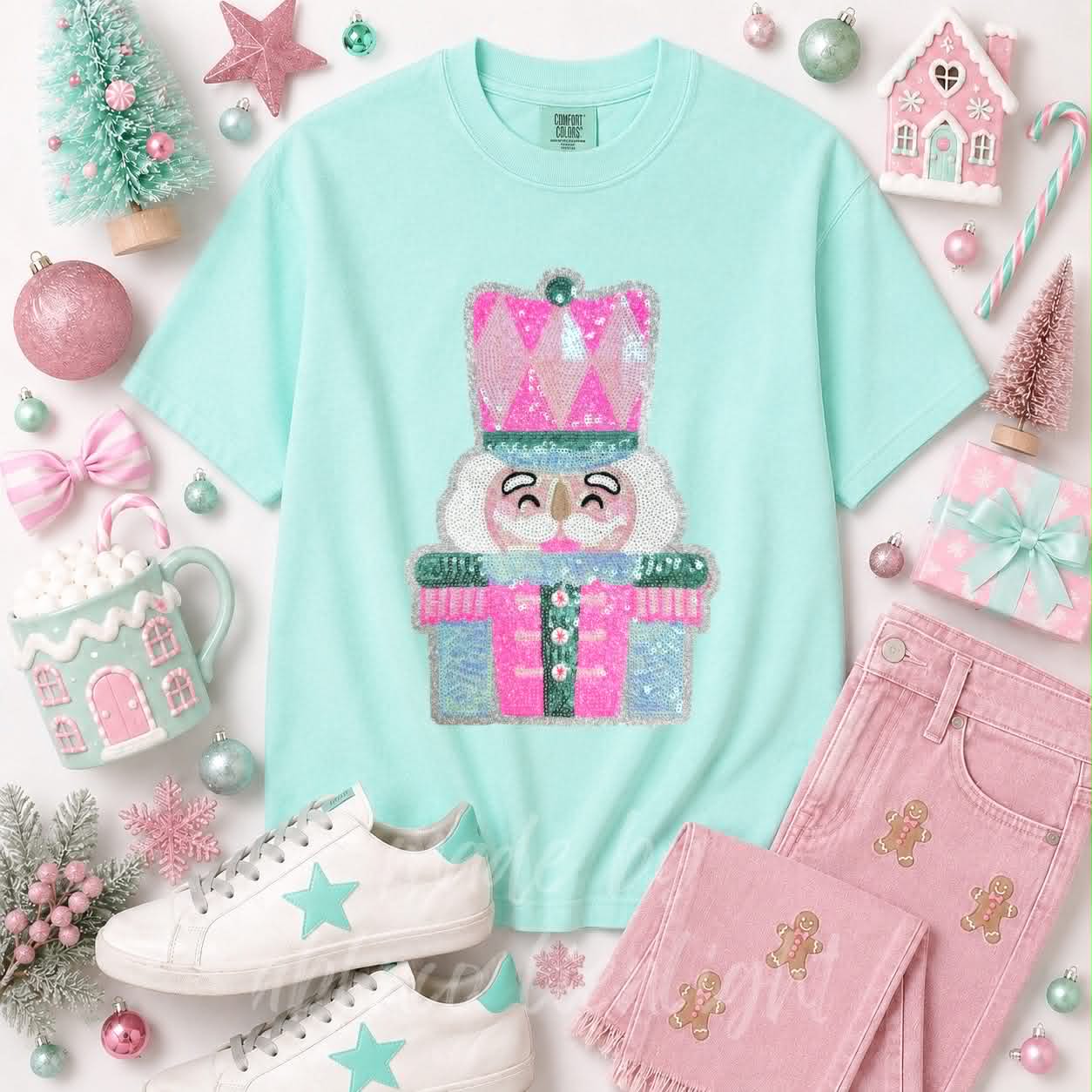 Pink & Mint Nutcracker Christmas Sequin Patch Tshirt