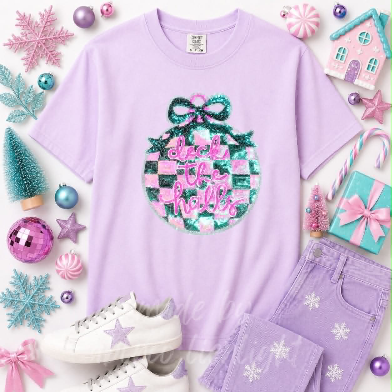 Deck the Halls Ornament Christmas Sequin Patch Tshirt
