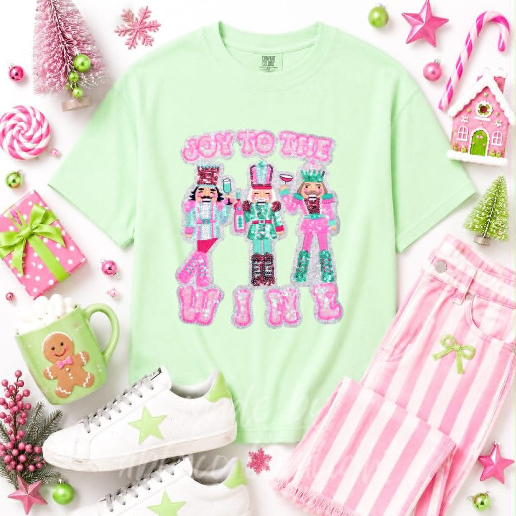 Joy to the Wine Nutcracker Christmas Sequin Patch Tshirt