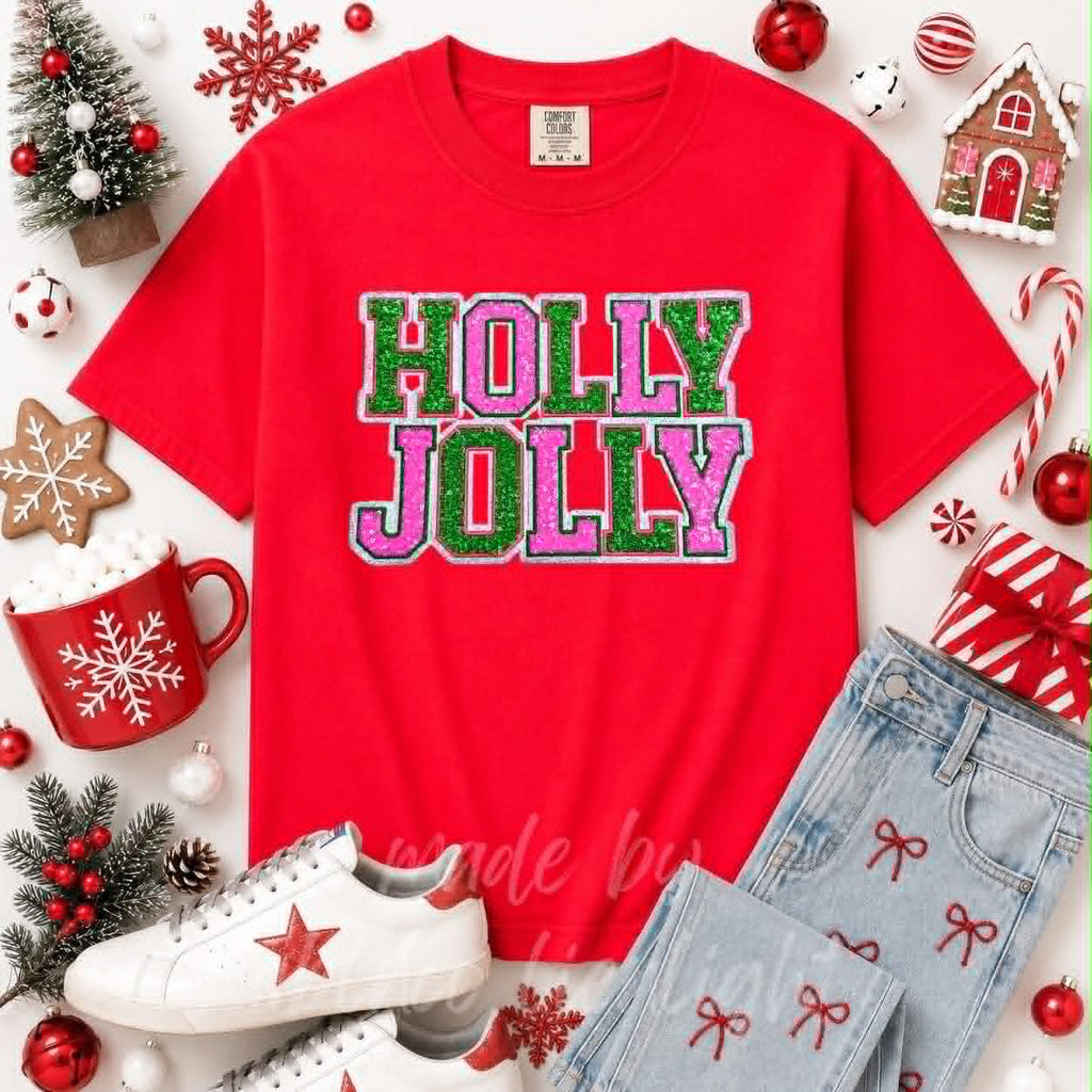 Pink & Green Holly Jolly Christmas Sequin Patch Tshirt
