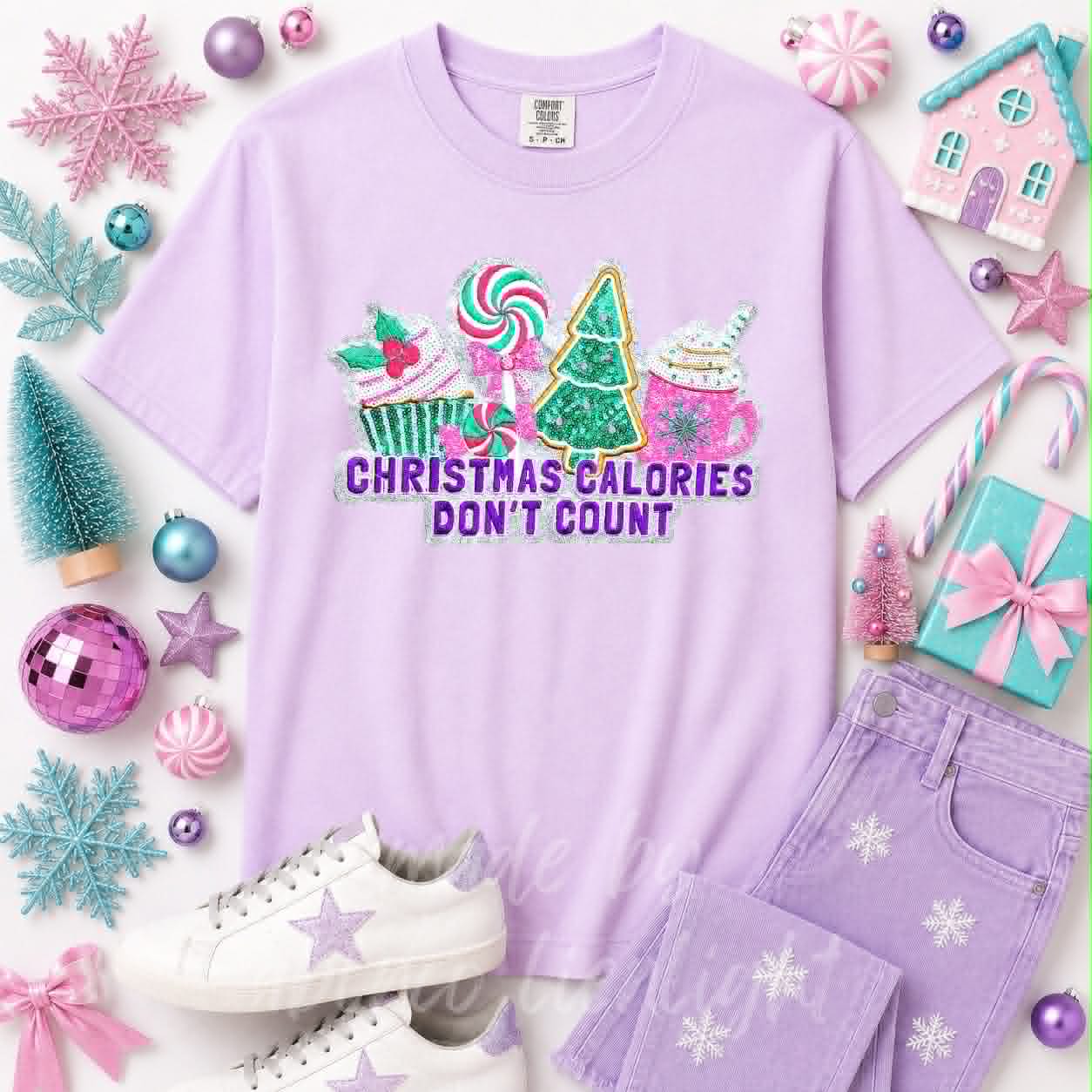 Christmas Calories Don't Count Christmas Sequin Patch Tshirt
