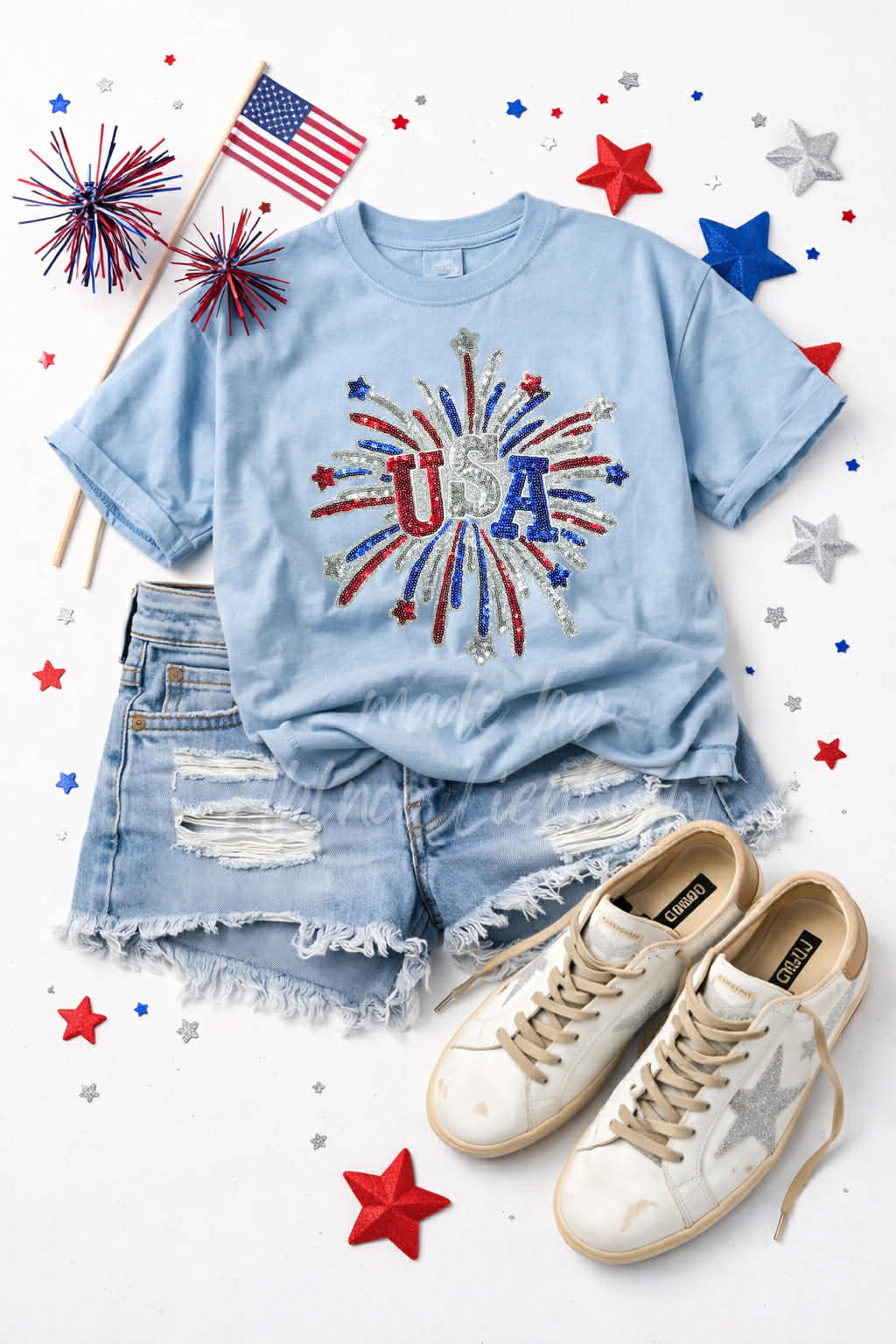 USA 4th of July Fireworks Sequin Patch Tshirt
