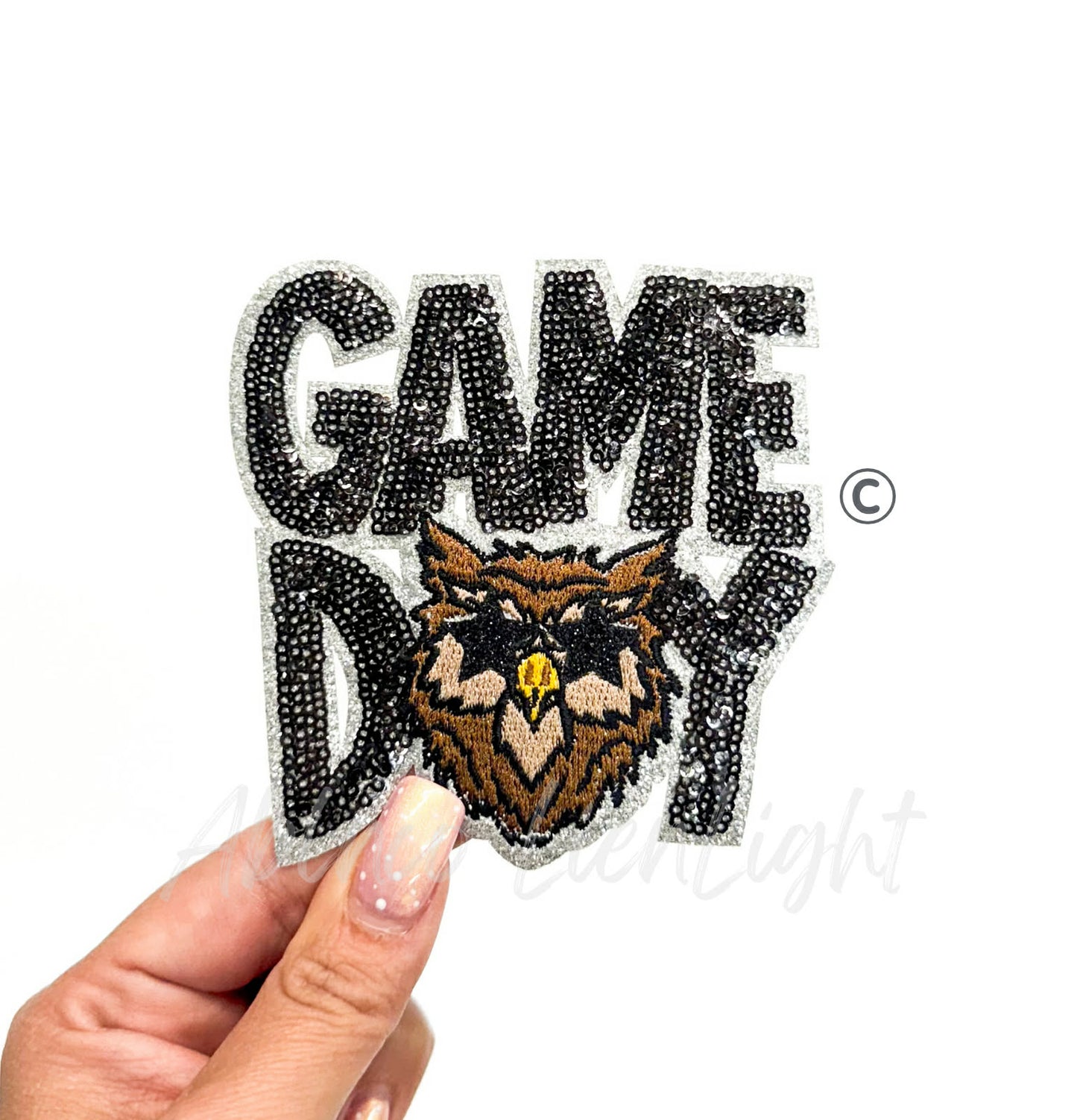 Black Owl Mascot Game Day Sequin Patch - Small