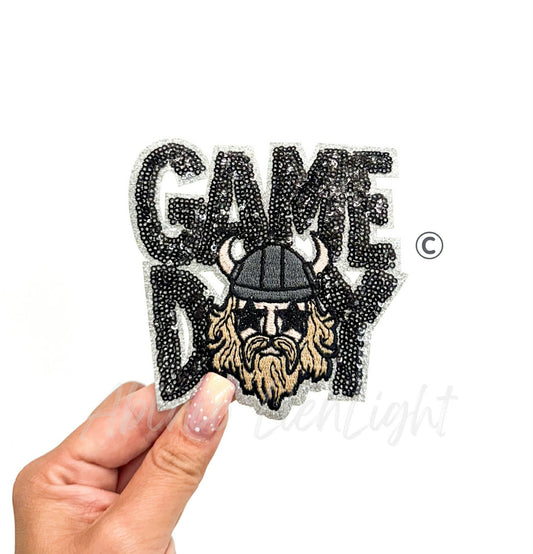 Black Viking Mascot Game Day Sequin Patch - Small