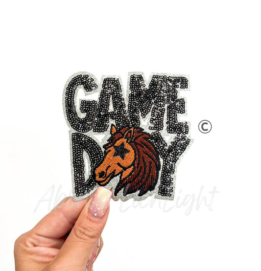 Black Mustang Mascot Game Day Sequin Patch - Small