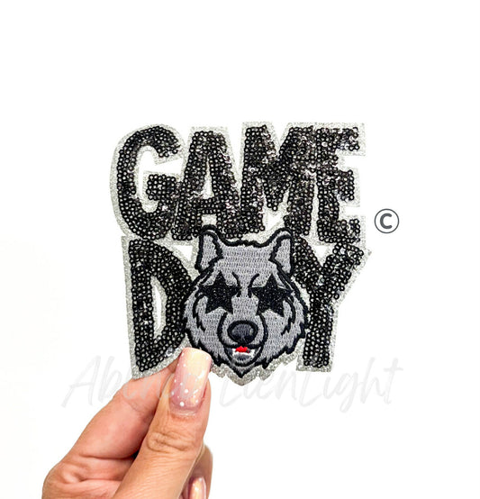 Black Wolf Mascot Game Day Sequin Patch - Small