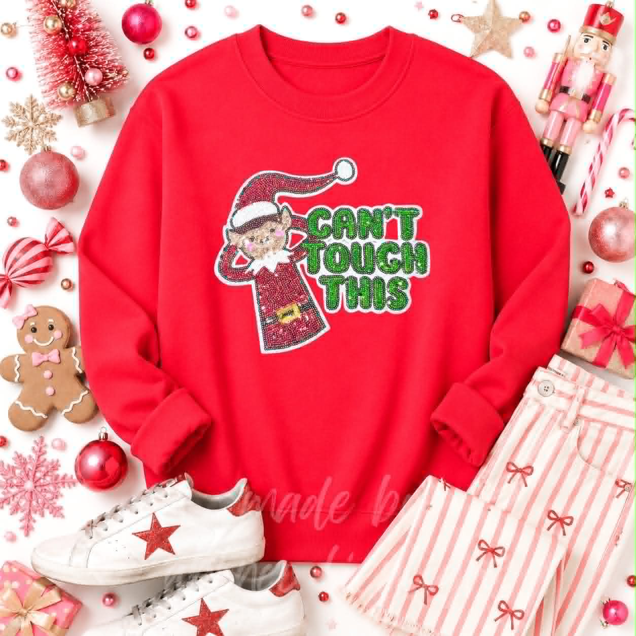 Can't Touch This Elf Christmas Sequin Patch Sweatshirt