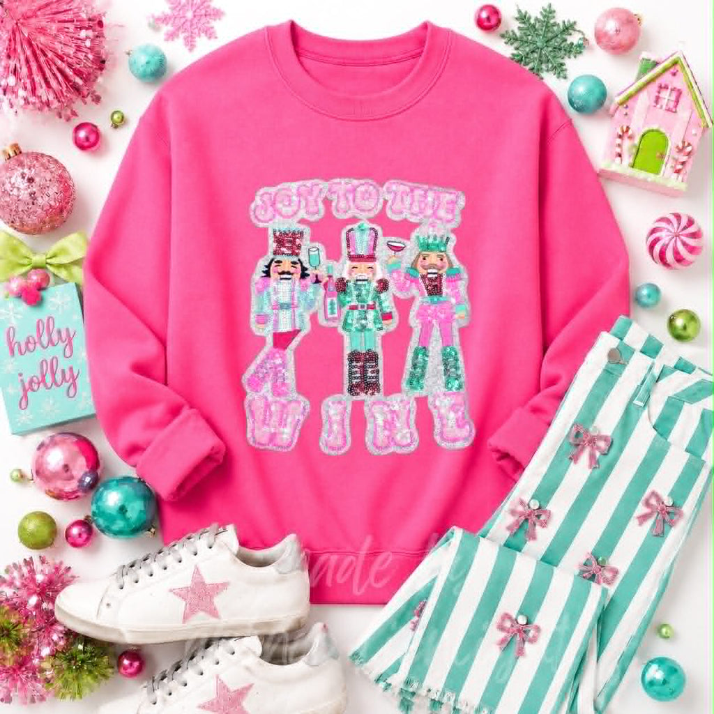 Joy to the Wine Nutcracker Christmas Sequin Patch Sweatshirt