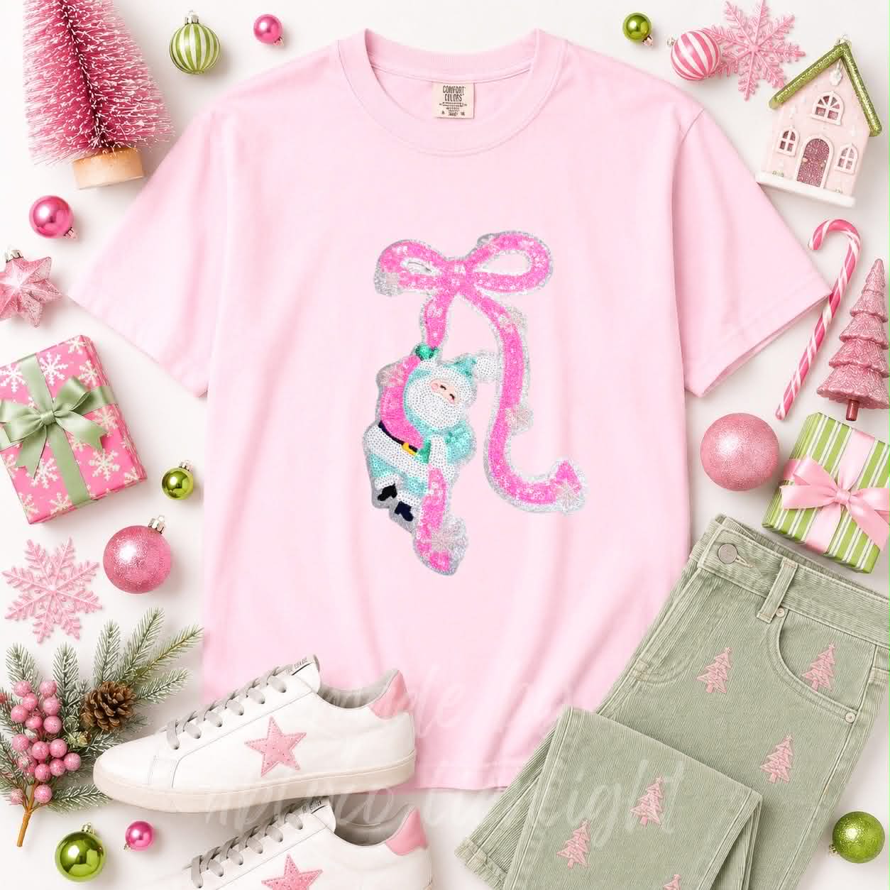 Pink Bow Hanging Santa Christmas Sequin Patch Tshirt
