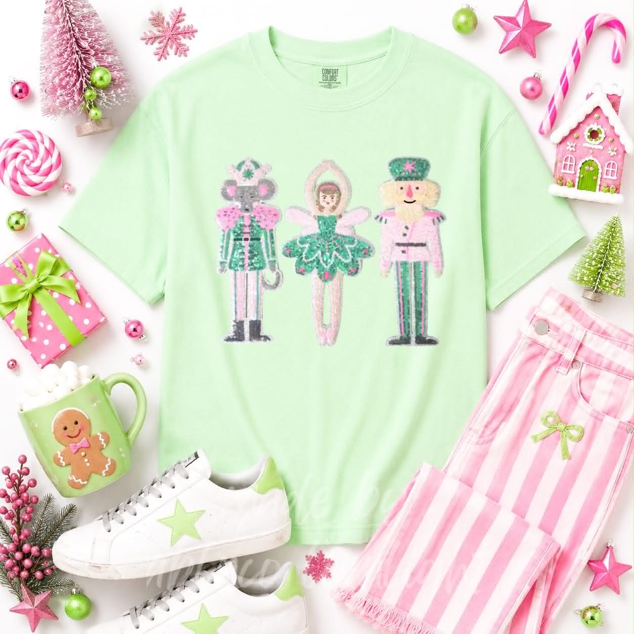 Nutcracker Ballerina Trio Christmas Sequin Patch Tshirt