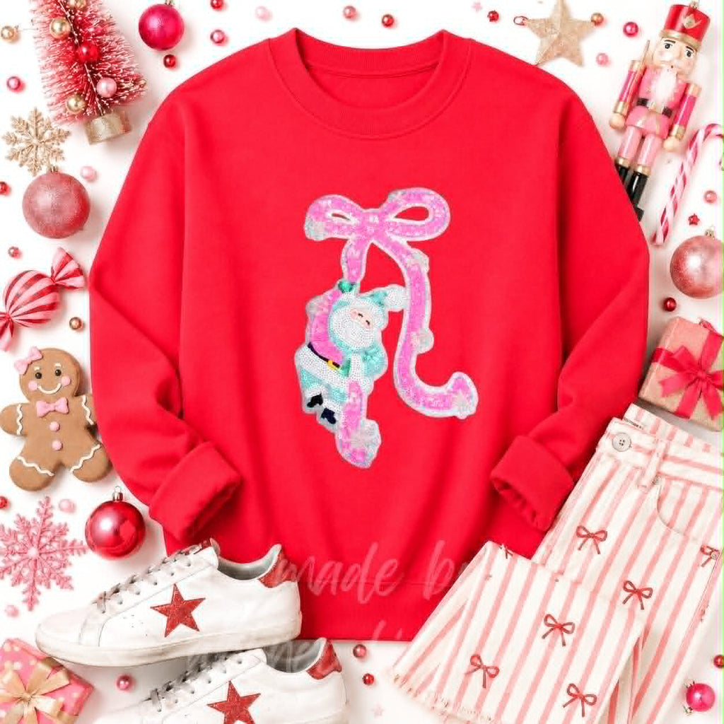 Pink Santa Bow Christmas Sequin Patch Sweatshirt
