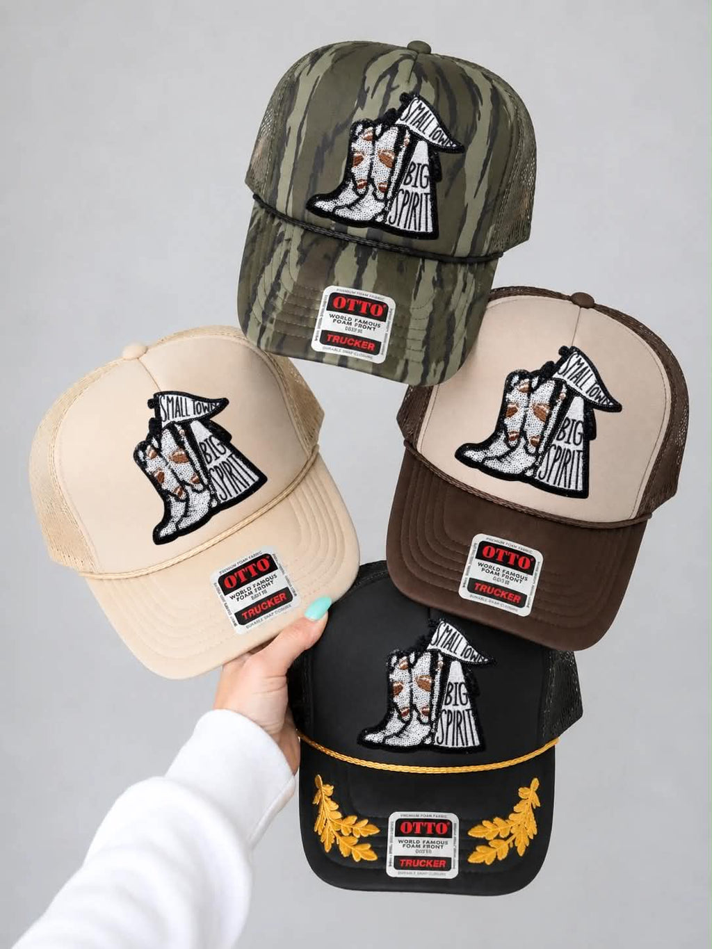 Small Town Big Spirit Football Sequin Patch Otto Trucker Hat