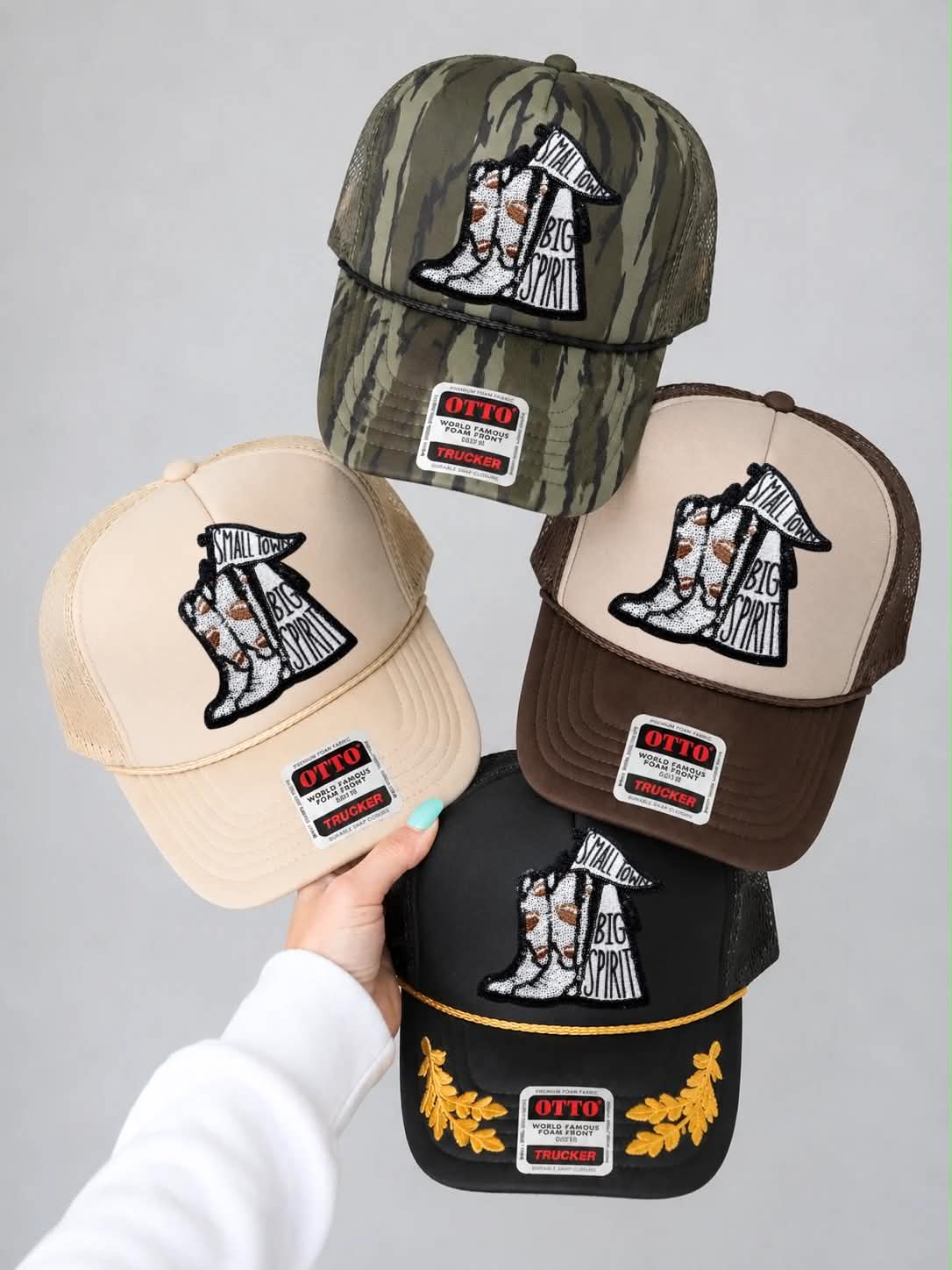 Small Town Big Spirit Football Sequin Patch Otto Trucker Hat