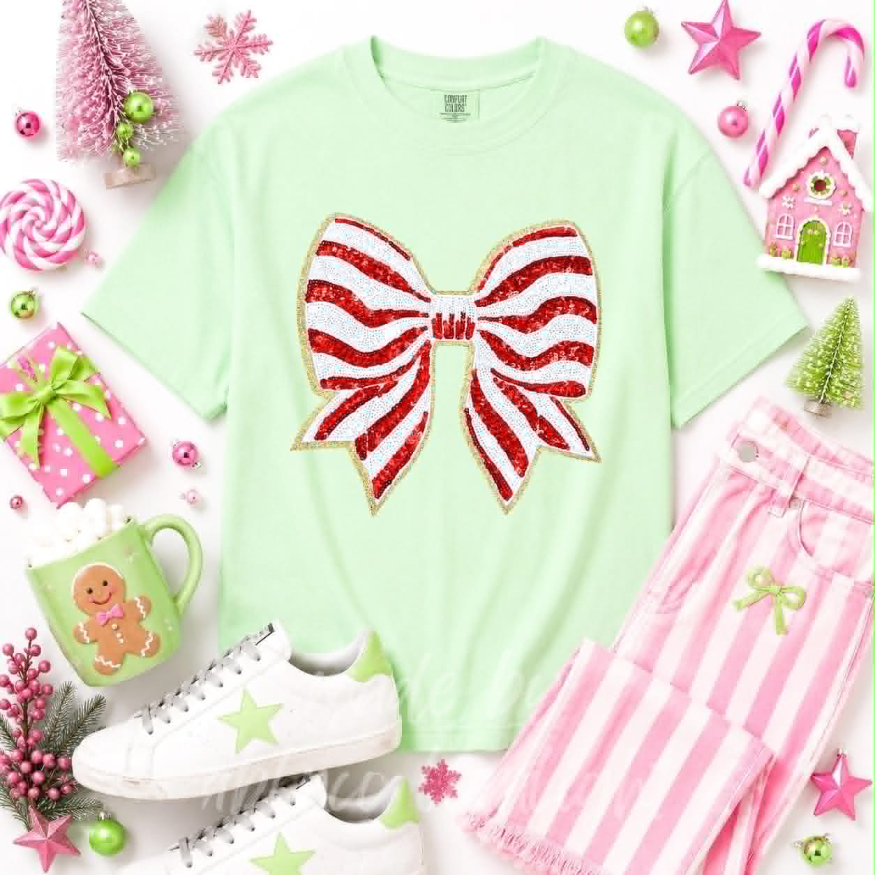 Red Striped Bow Christmas Sequin Patch Tshirt