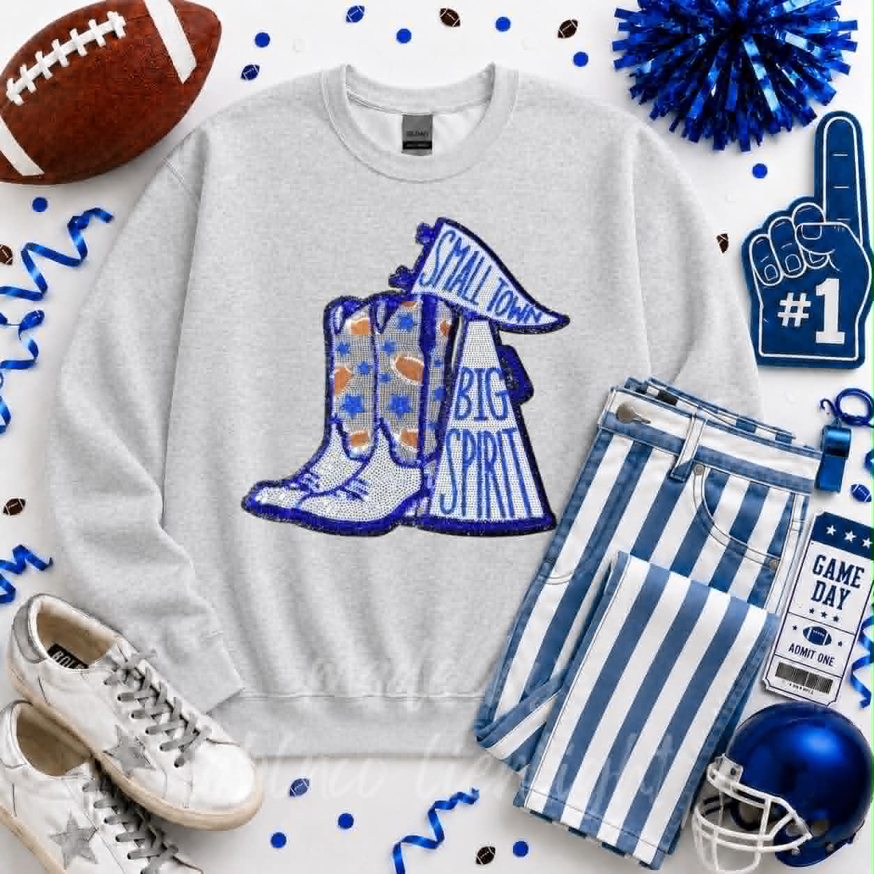 Royal Blue Small Town Big Spirit Football Sequin Patch Sweatshirt