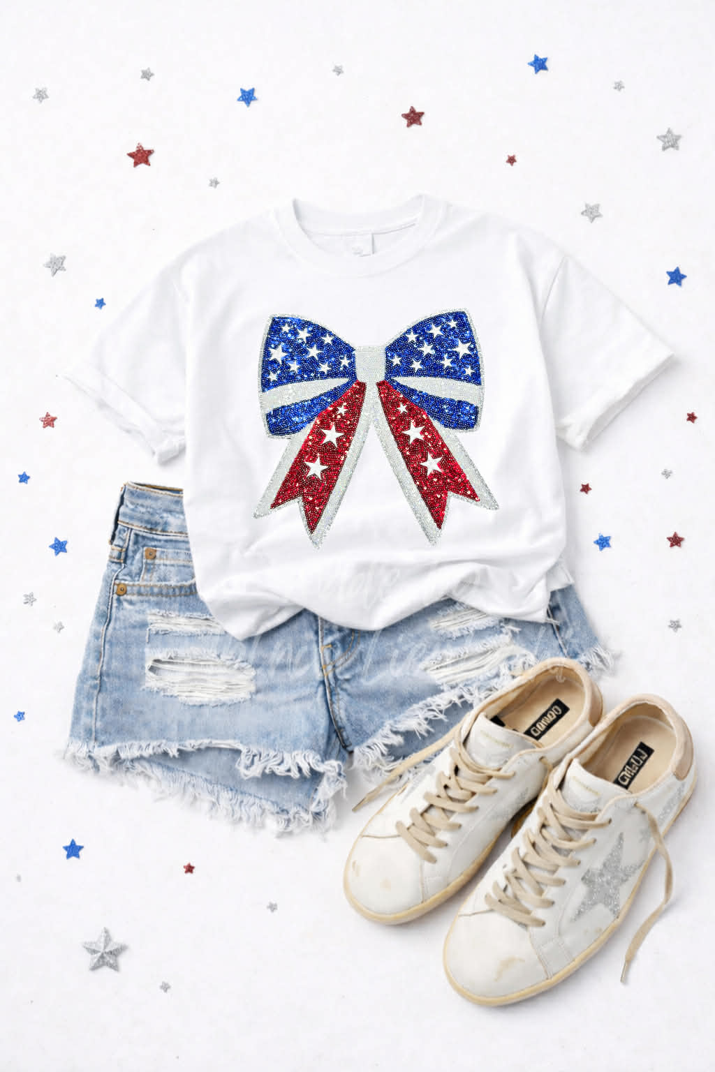 Red White and Blue 4th of July Bow Sequin Patch Tshirt