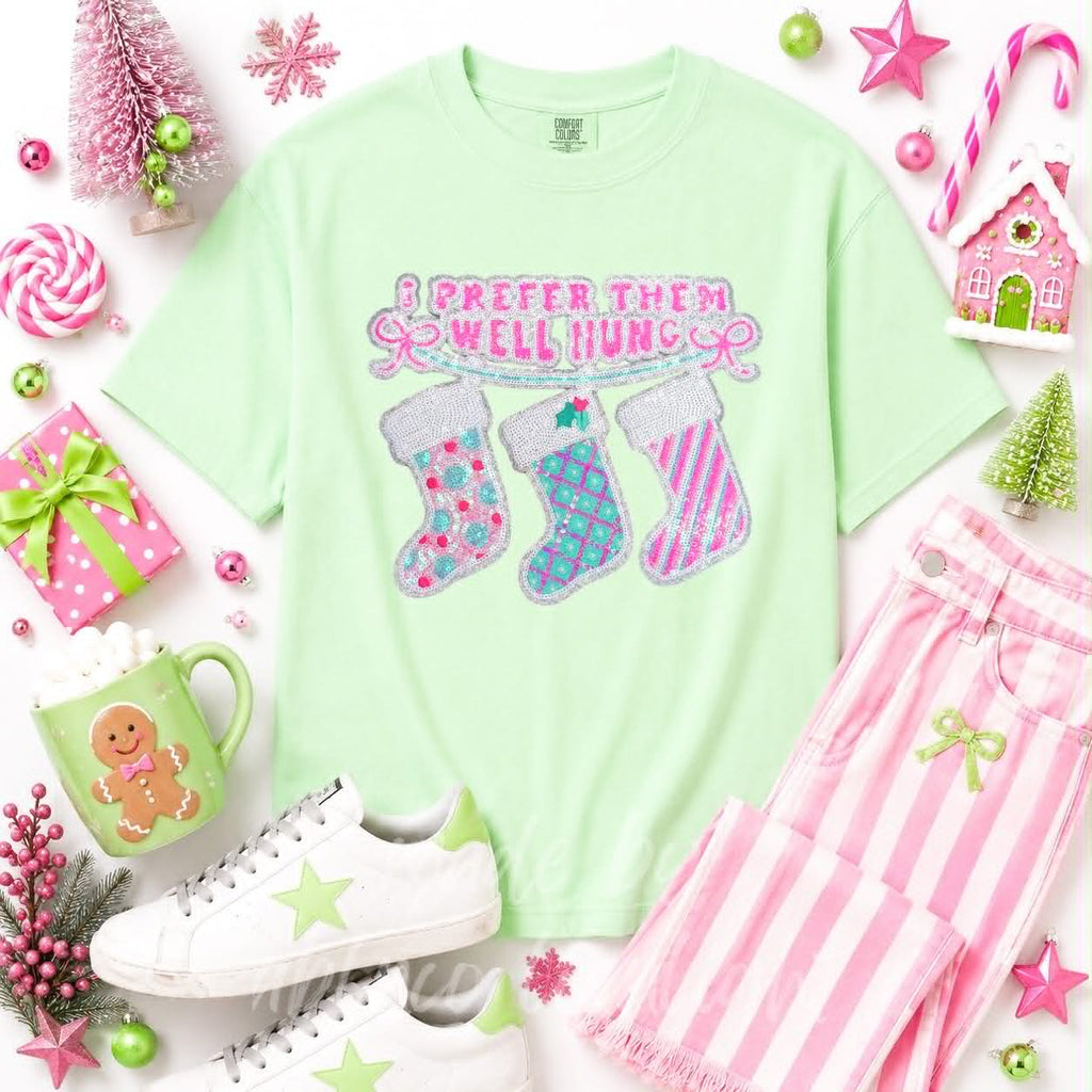 Prefer Them Well Hung Stockings Christmas Sequin Patch Tshirt