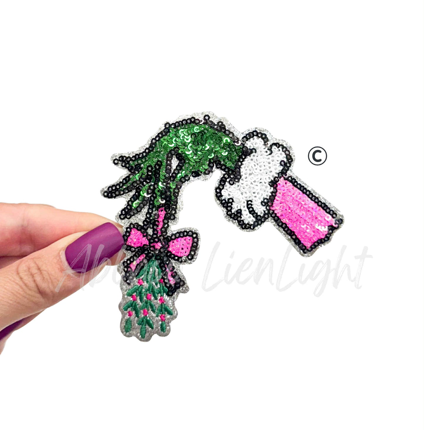 Grinch Hand Mistletoe Sequins Christmas Patch-SMALL