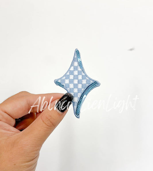 Light Blue Checkered Diamond Star Embroidery Sequin Patch