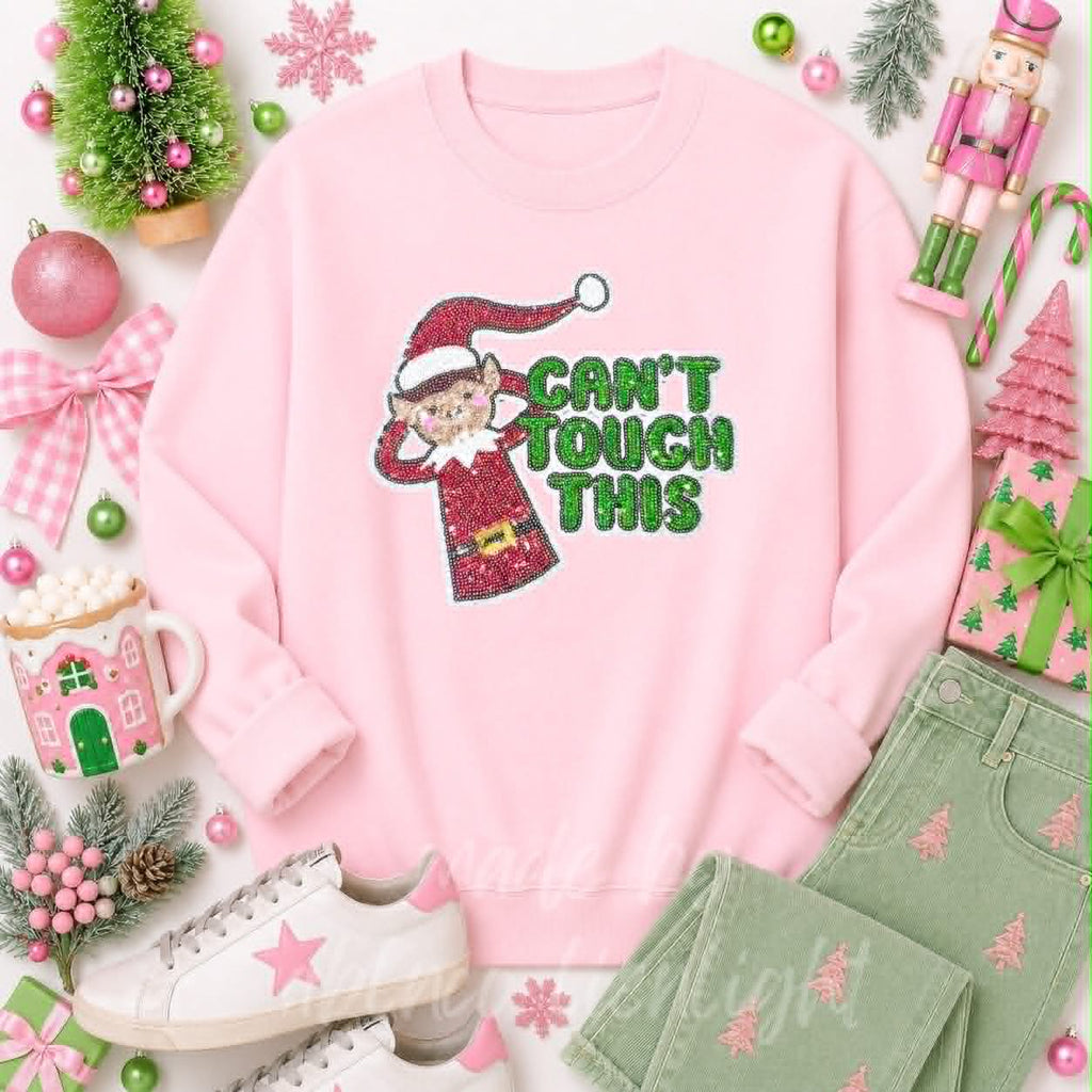 Can't Touch This Elf Christmas Sequin Patch Sweatshirt