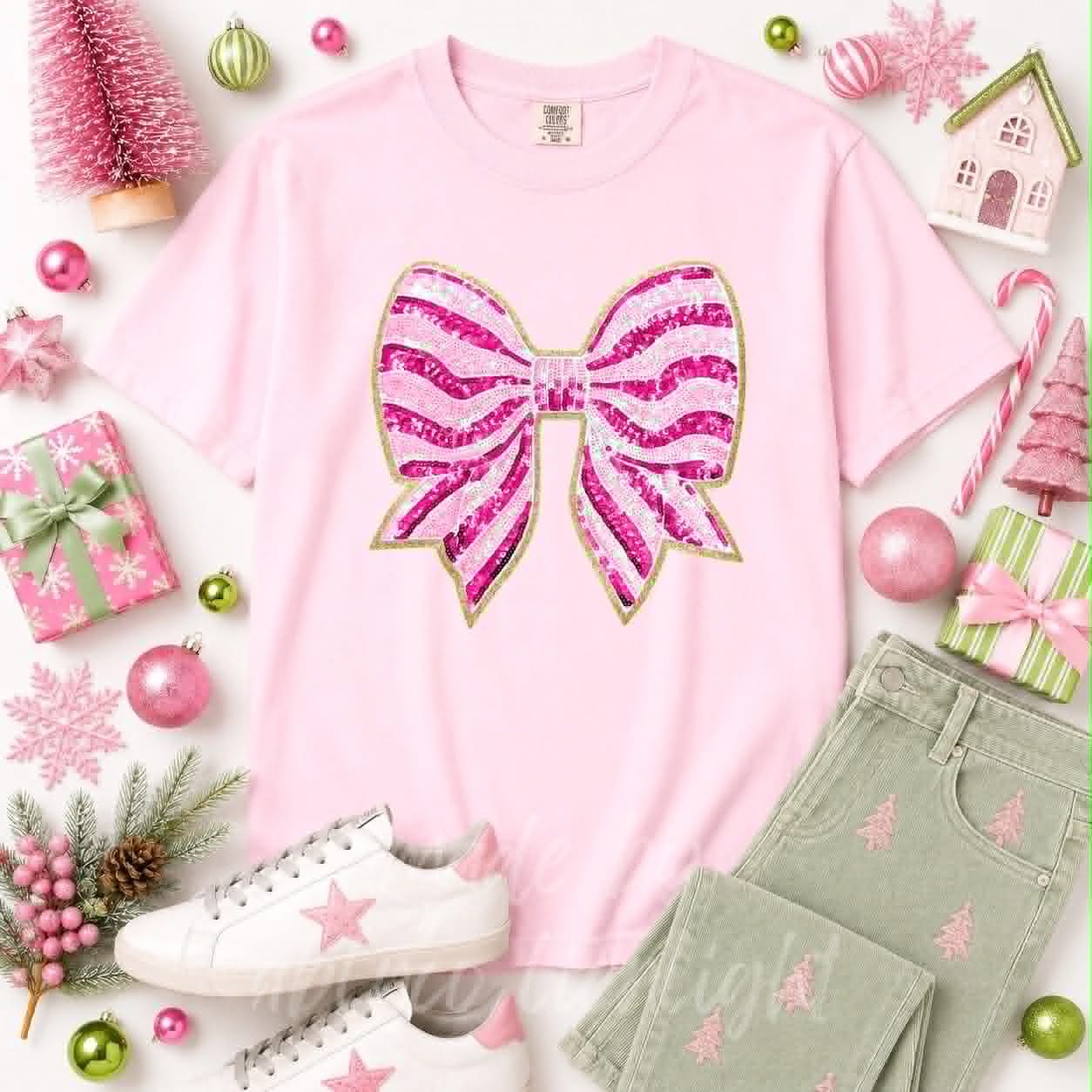 Pink Stripe Bow Christmas Sequin Patch Tshirt