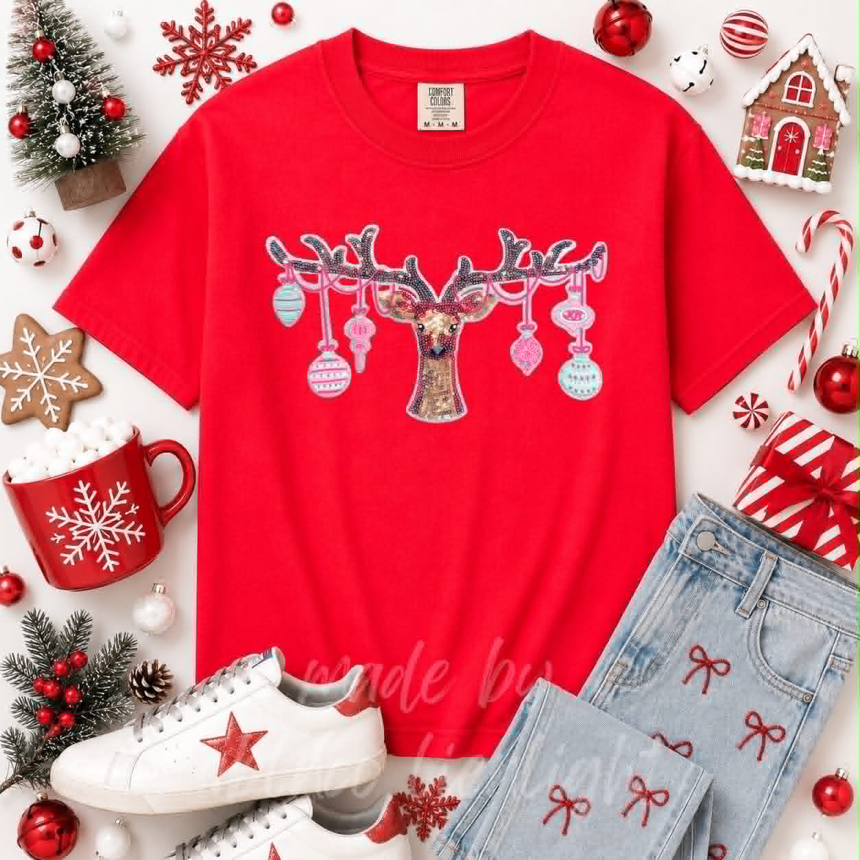 Ornament Reindeer Christmas Sequin Patch Tshirt