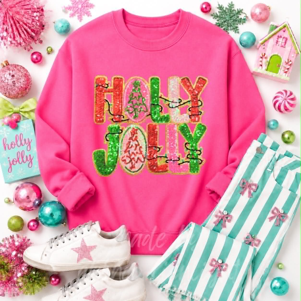 Holly Jolly Lights Christmas Sequin Patch Sweatshirt