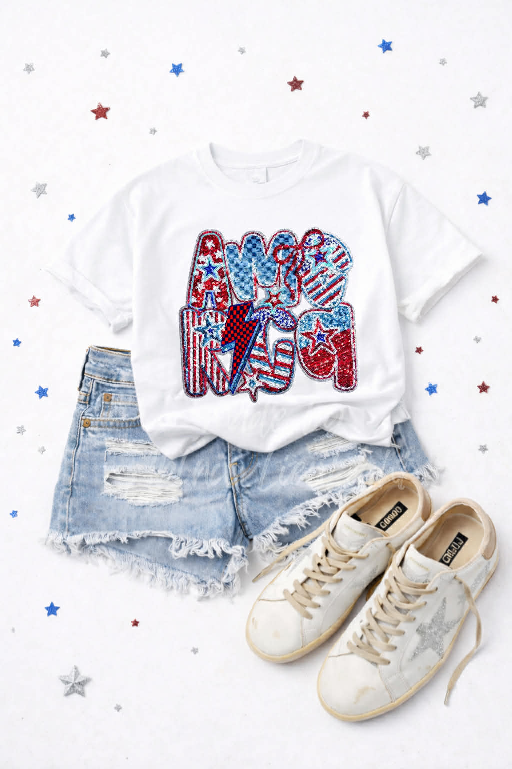 Retro America 4th of July Sequin Patch Tshirt