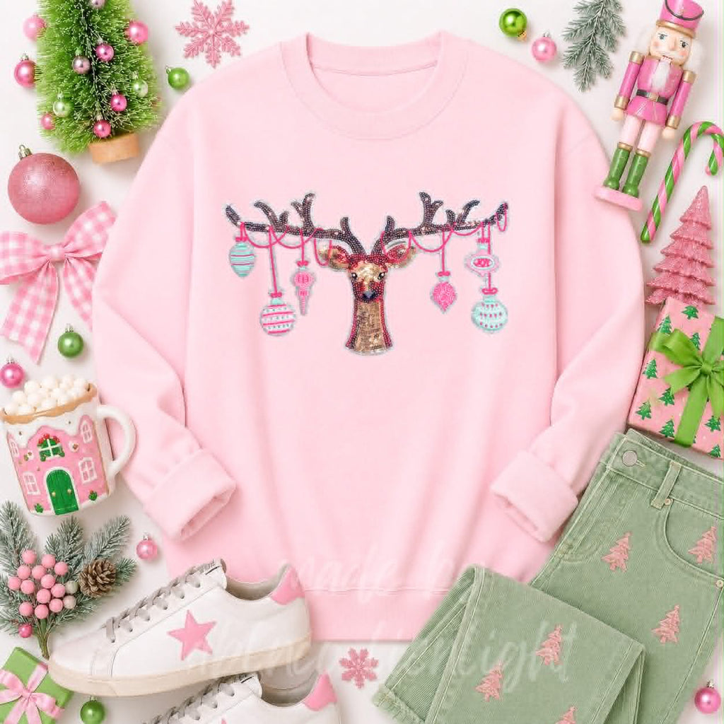 Ornament Reindeer Christmas Sequin Patch Sweatshirt