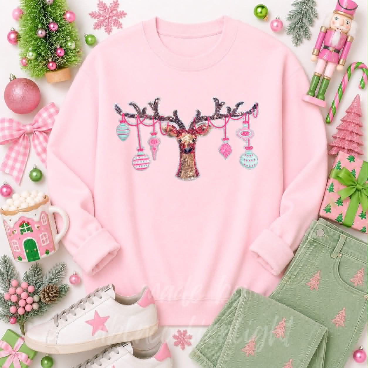 Ornament Reindeer Christmas Sequin Patch Sweatshirt