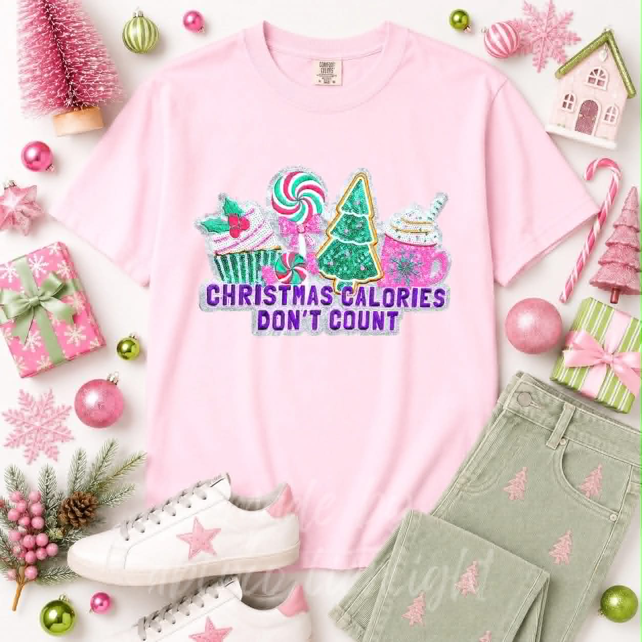 Christmas Calories Don't Count Christmas Sequin Patch Tshirt