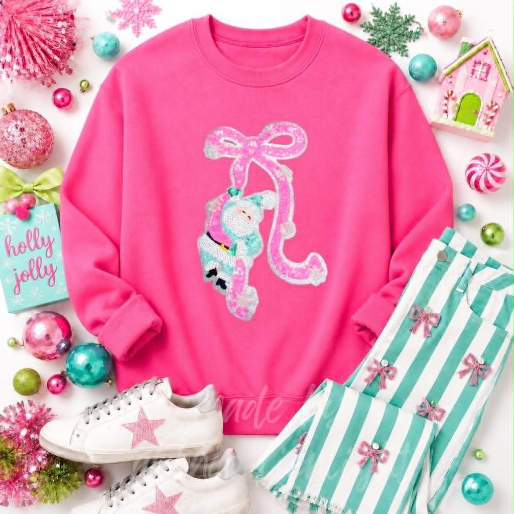 Pink Santa Bow Christmas Sequin Patch Sweatshirt