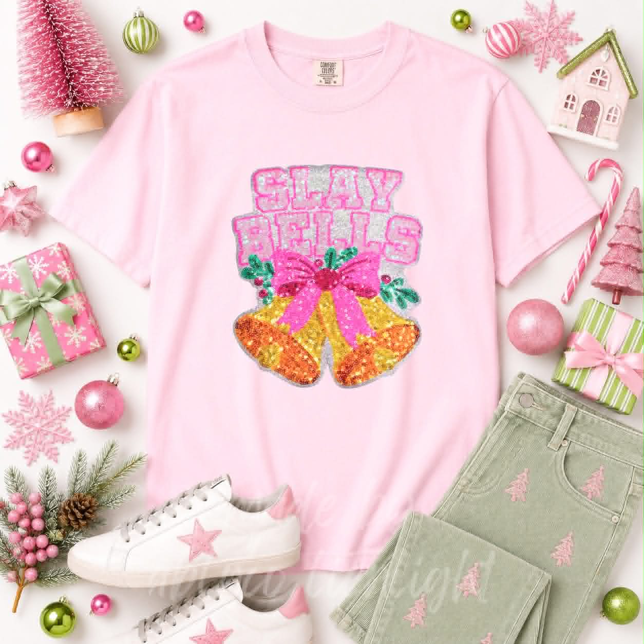 Slay Bells Christmas Sequin Patch Tshirt