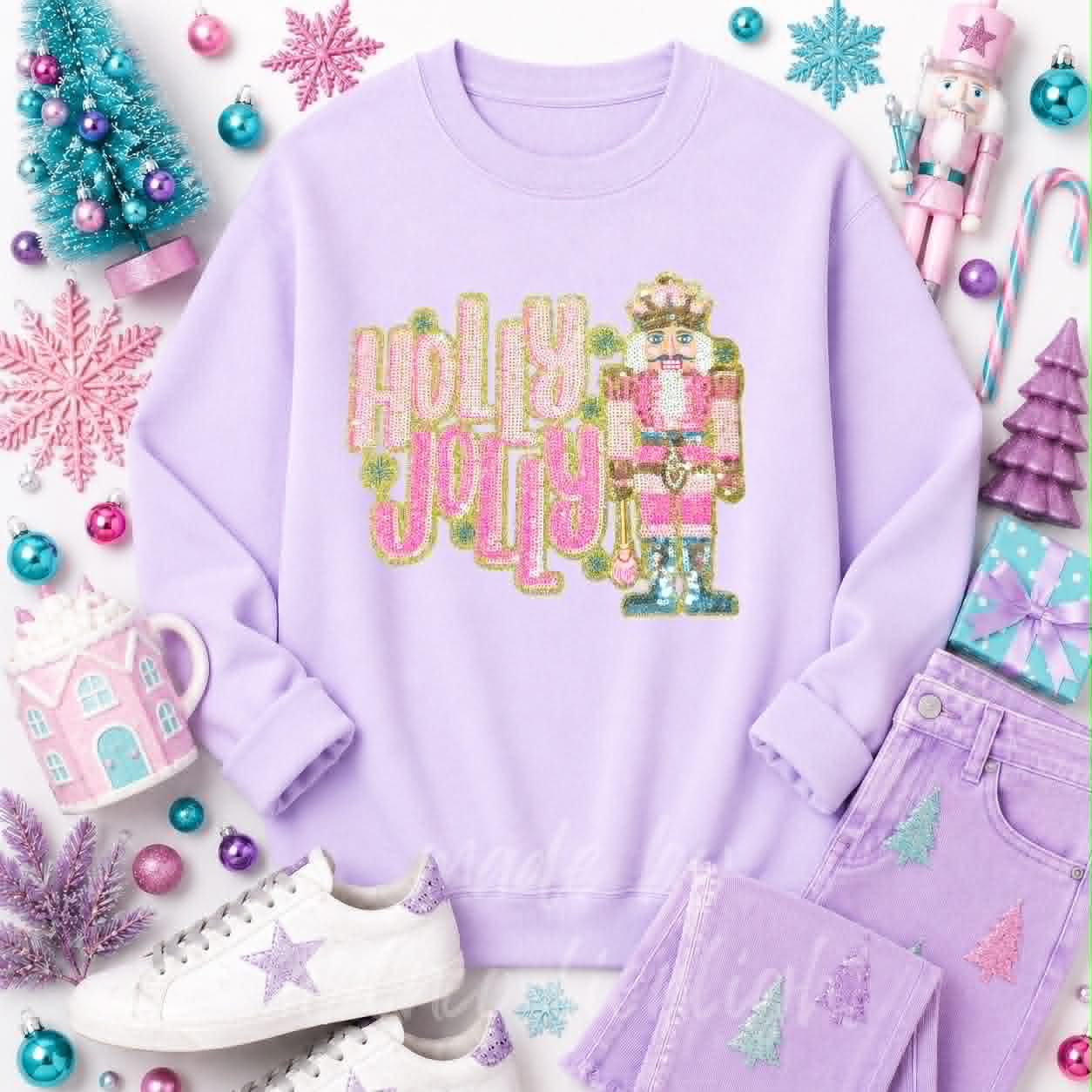 Holly Jolly Nutcracker Christmas Sequin Patch Sweatshirt