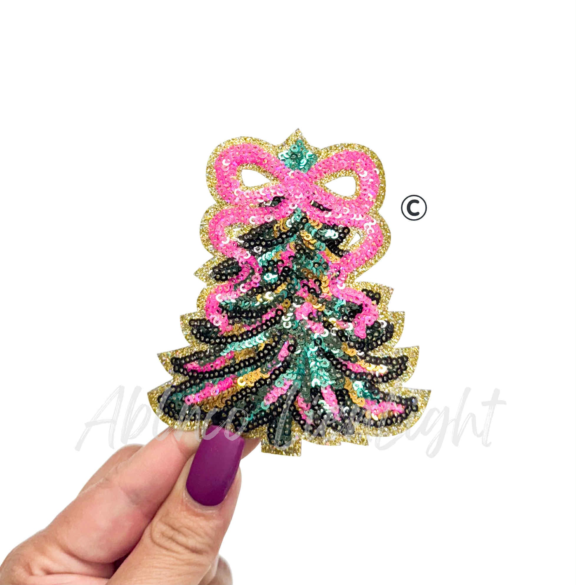 Pink Bow Tree Christmas Sequin Patch - Small