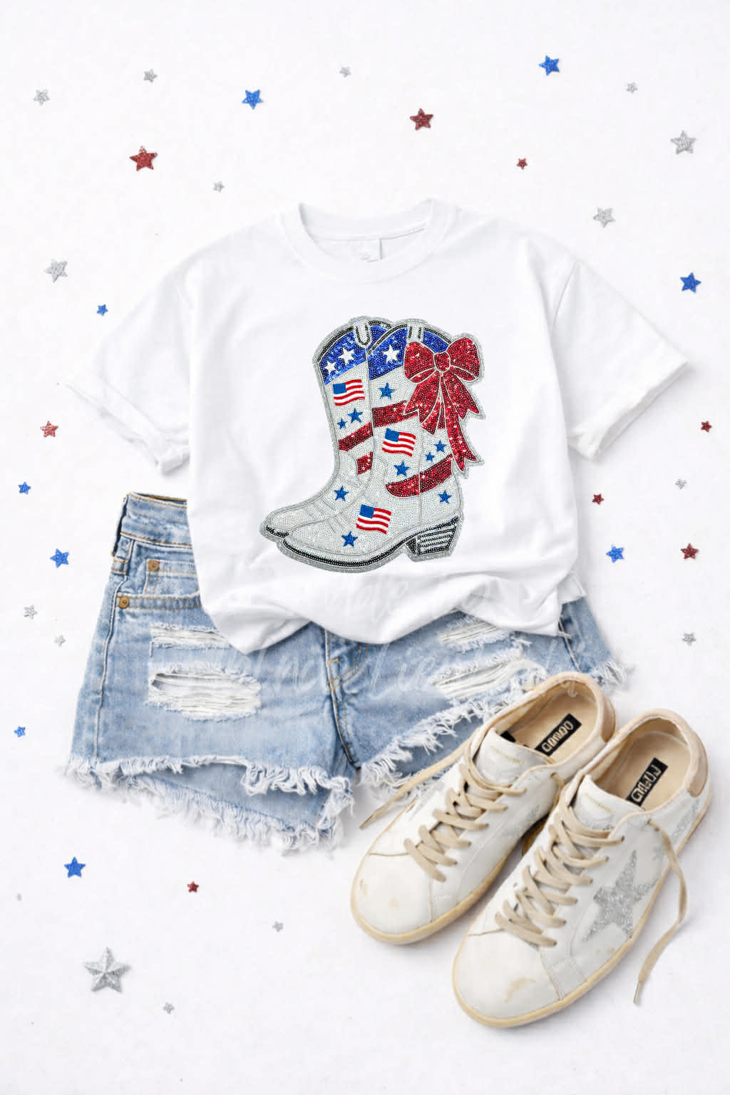 Red White and Blue 4th of July Boots Sequin Patch Tshirt