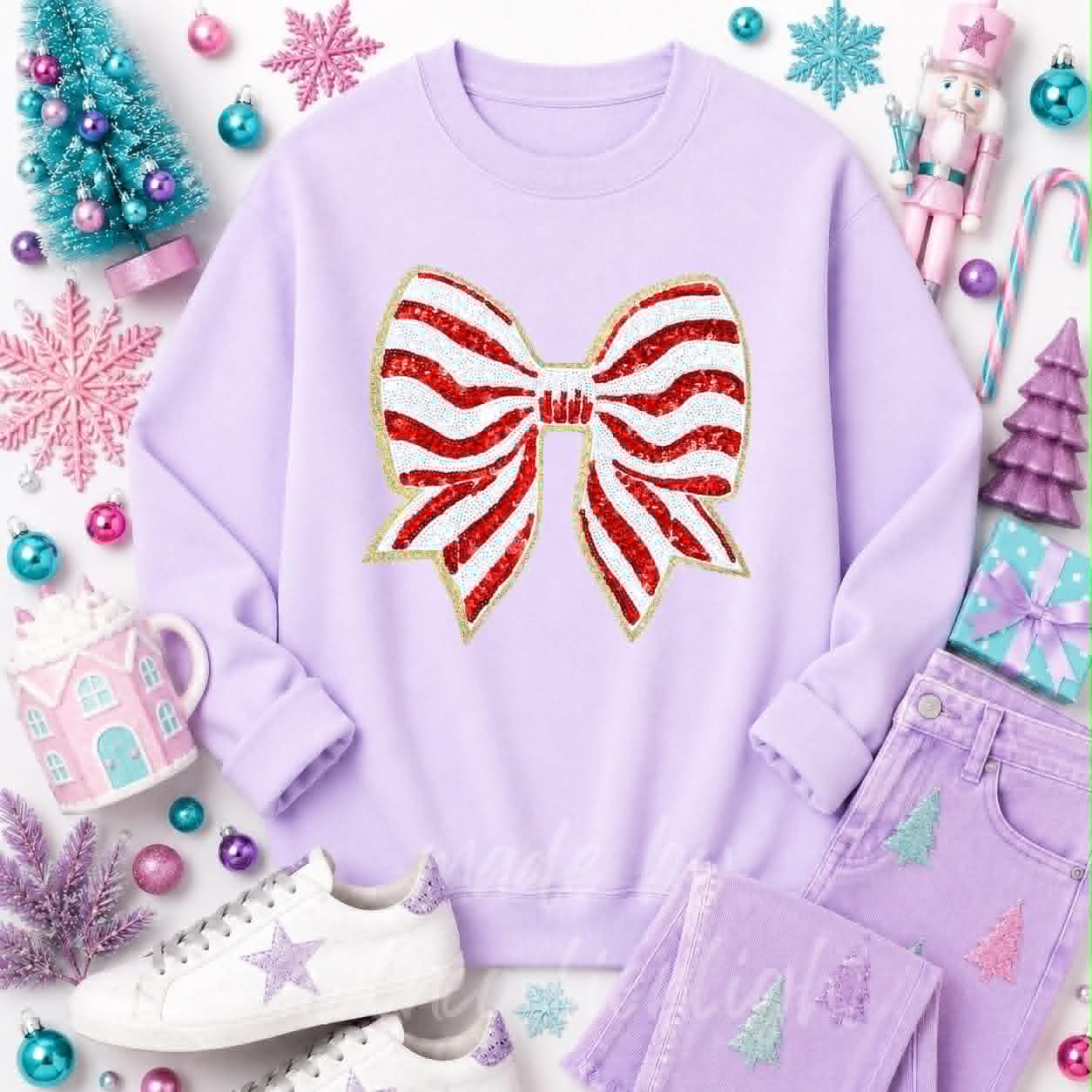 Red Stripe Bow Christmas Sequin Patch Sweatshirt