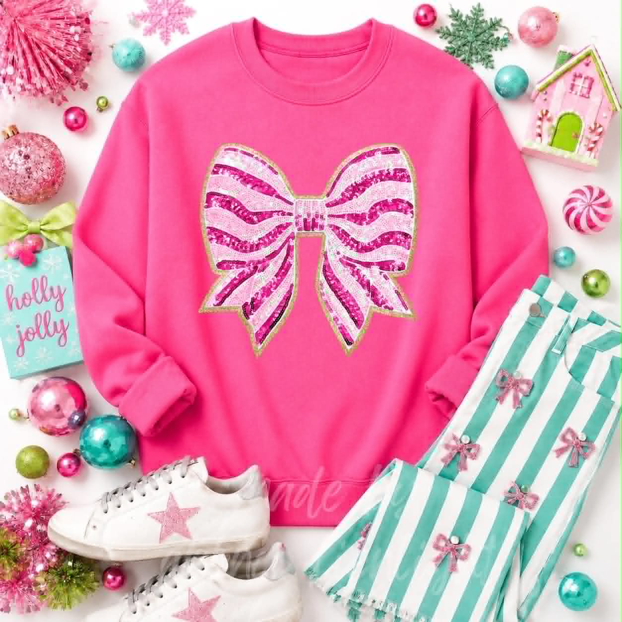 Pink Stripe Bow Christmas Sequin Patch Sweatshirt