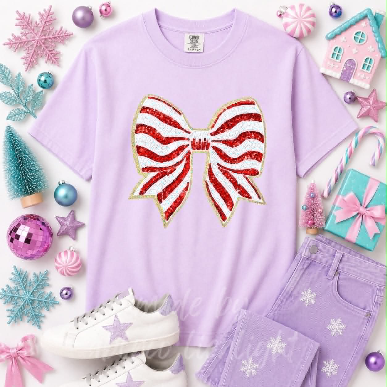 Red Striped Bow Christmas Sequin Patch Tshirt