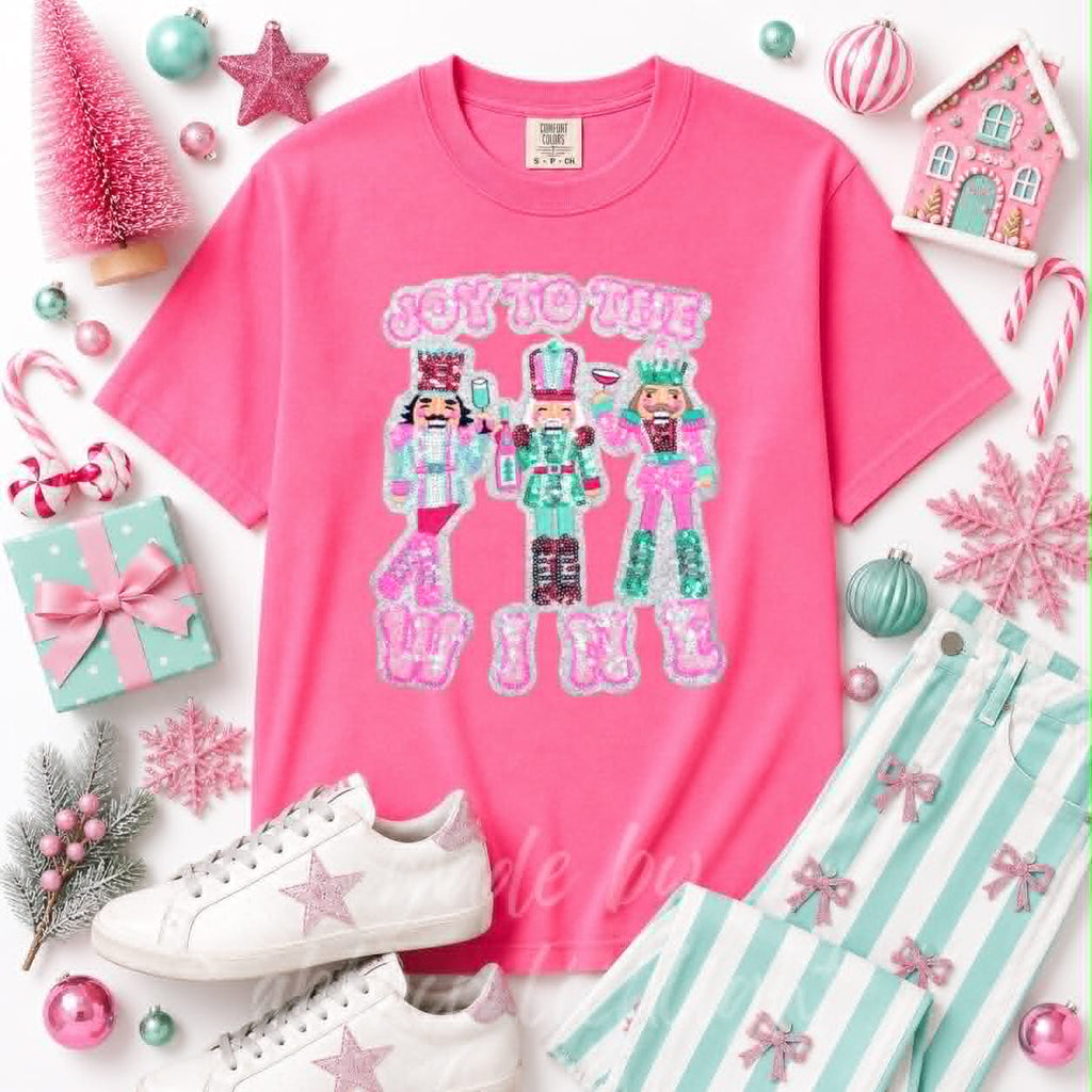 Joy to the Wine Nutcracker Christmas Sequin Patch Tshirt