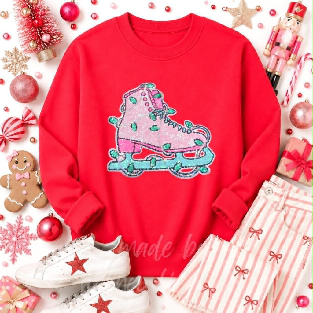 Pink Ice Skate Christmas Sequin Patch Sweatshirt