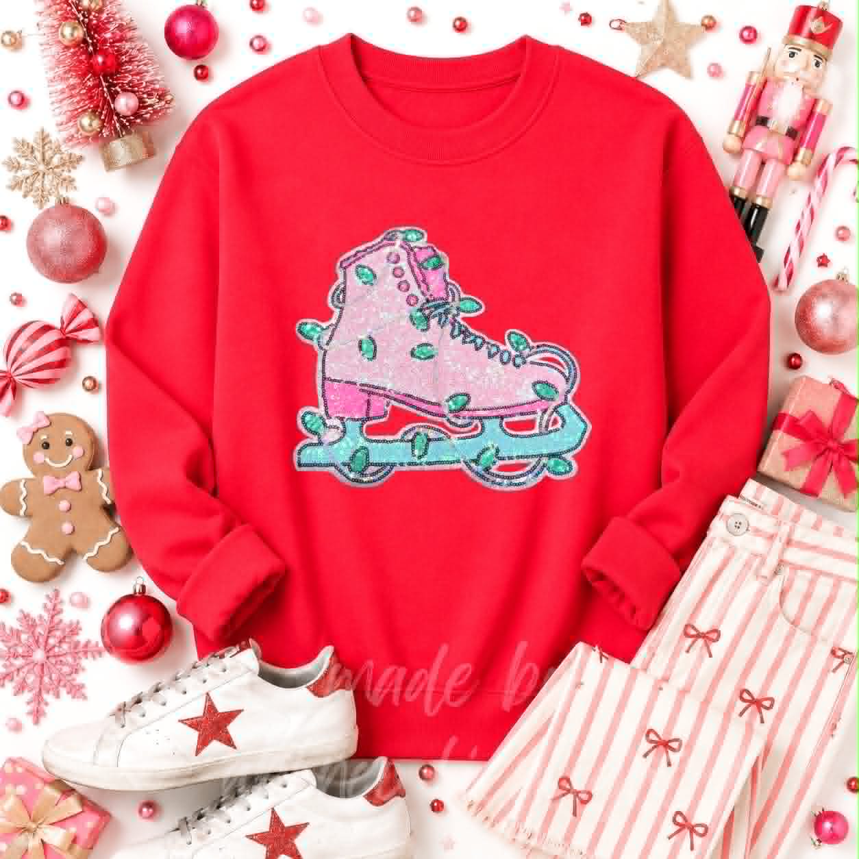 Pink Ice Skate Christmas Sequin Patch Sweatshirt