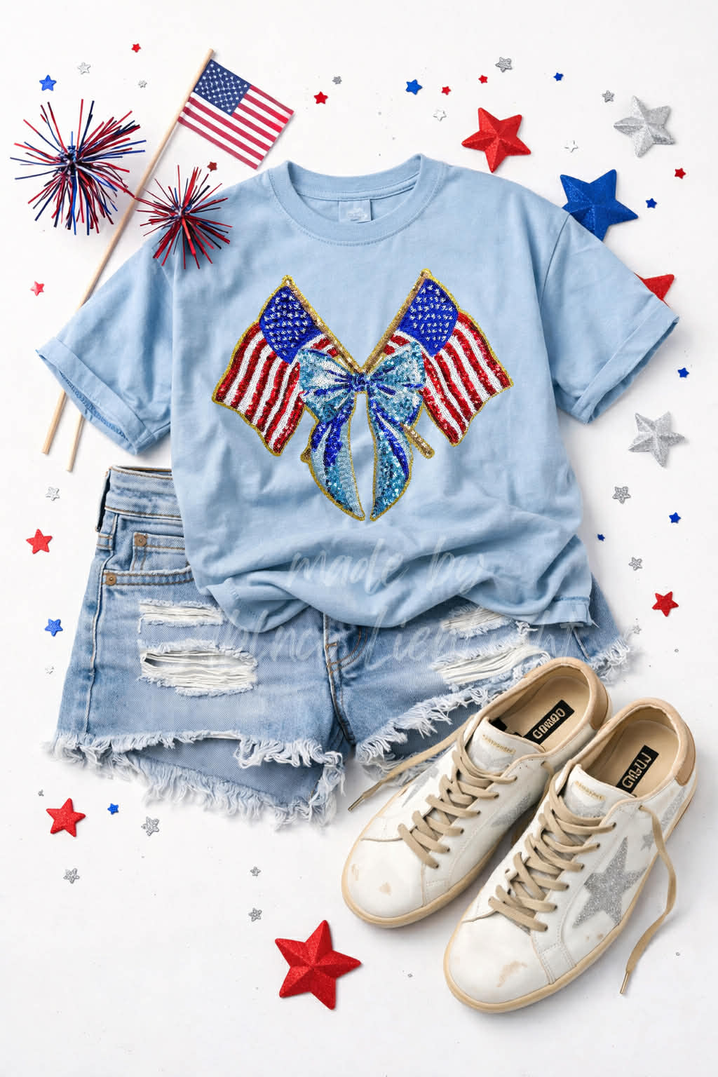 American Flag Bow 4th of July Sequin Patch Tshirt