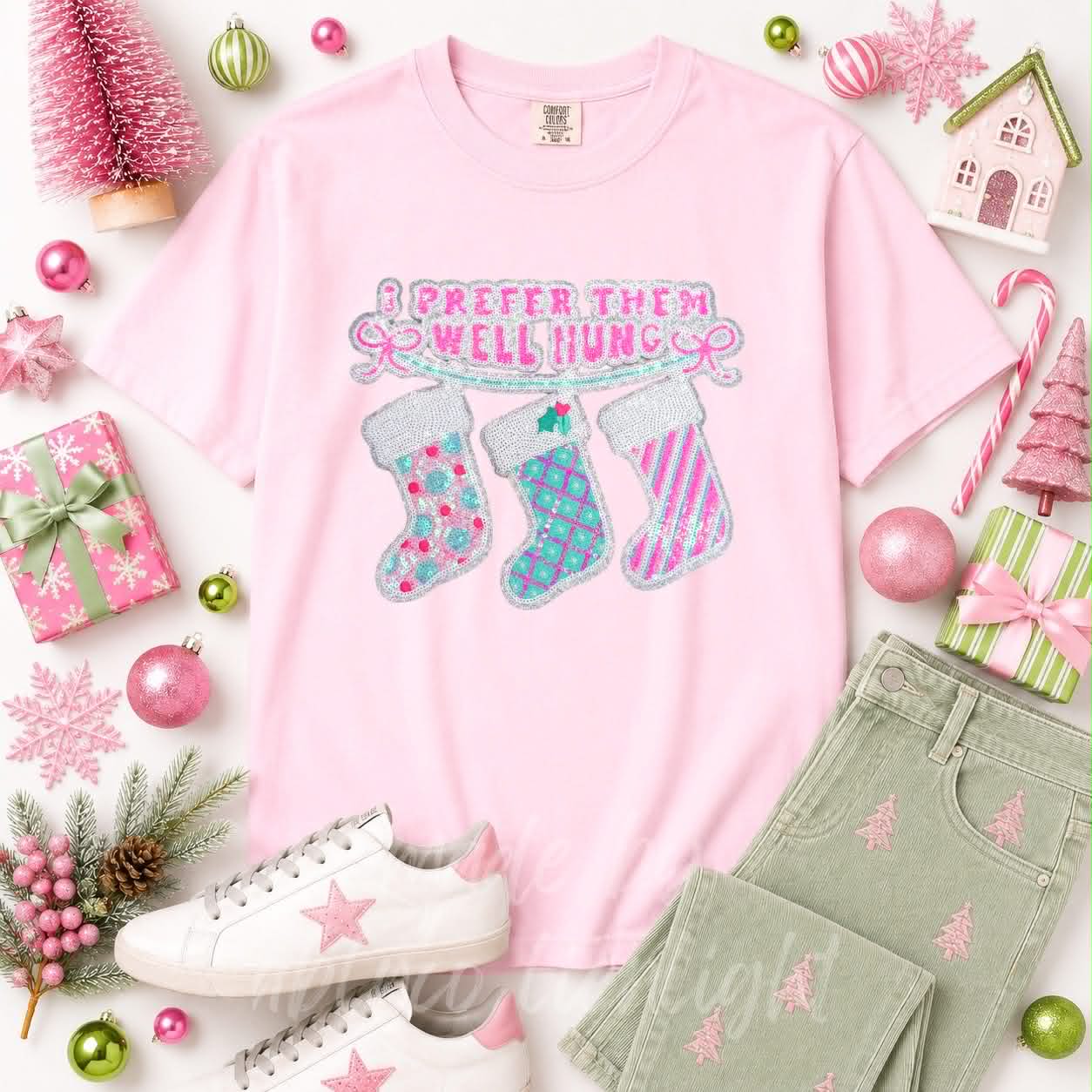 Prefer Them Well Hung Stockings Christmas Sequin Patch Tshirt