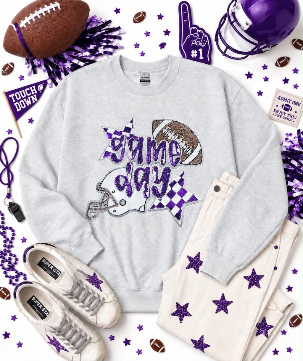Purple Game Day Checkered Football Sequin Patch Sweatshirt