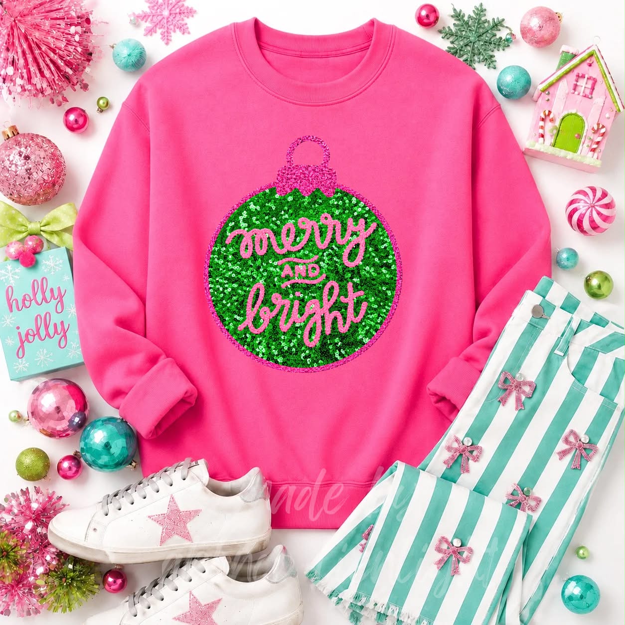 Merry & Bright Ornament Christmas Sequin Patch Sweatshirt