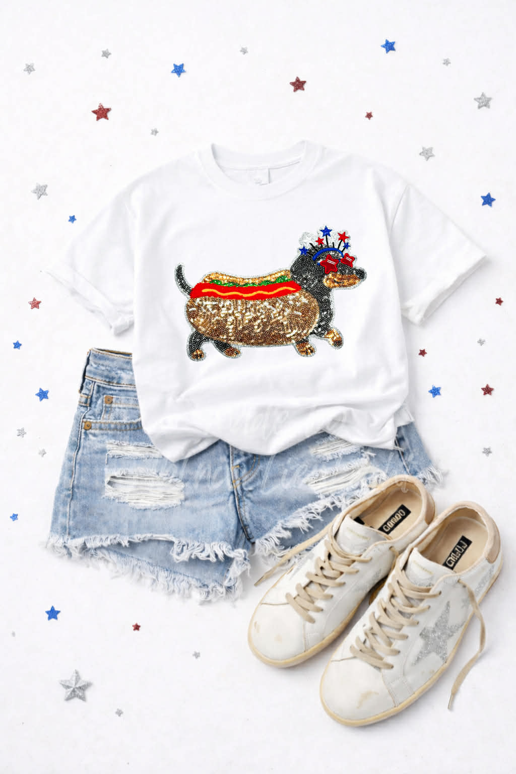 4th of July Dog Hot Dog Sequin Patch Tshirt