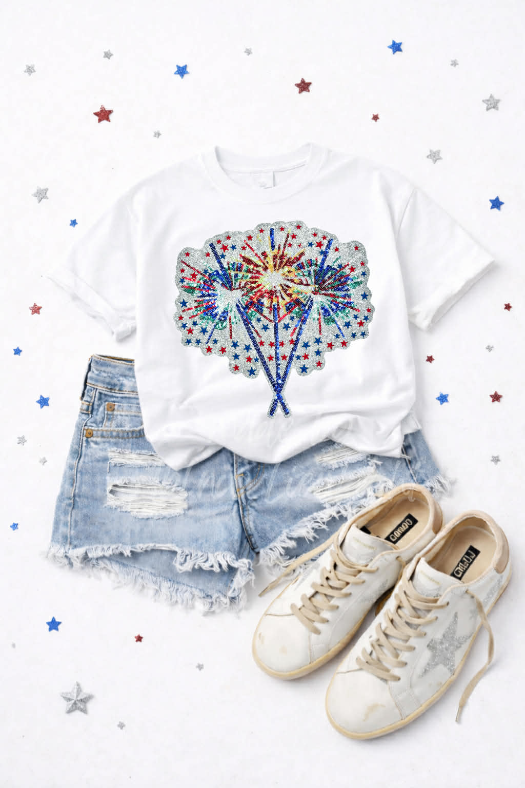 Red White and Blue 4th of July Sparklers Sequin Patch Tshirt