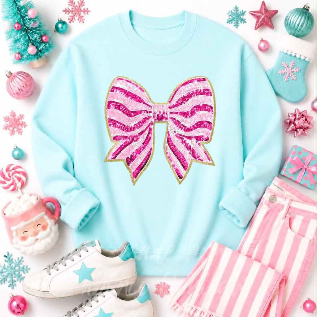 Pink Stripe Bow Christmas Sequin Patch Sweatshirt
