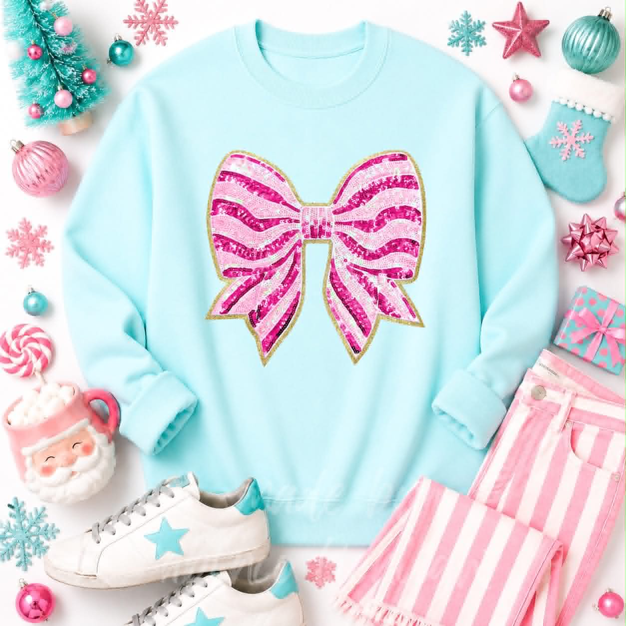 Pink Stripe Bow Christmas Sequin Patch Sweatshirt